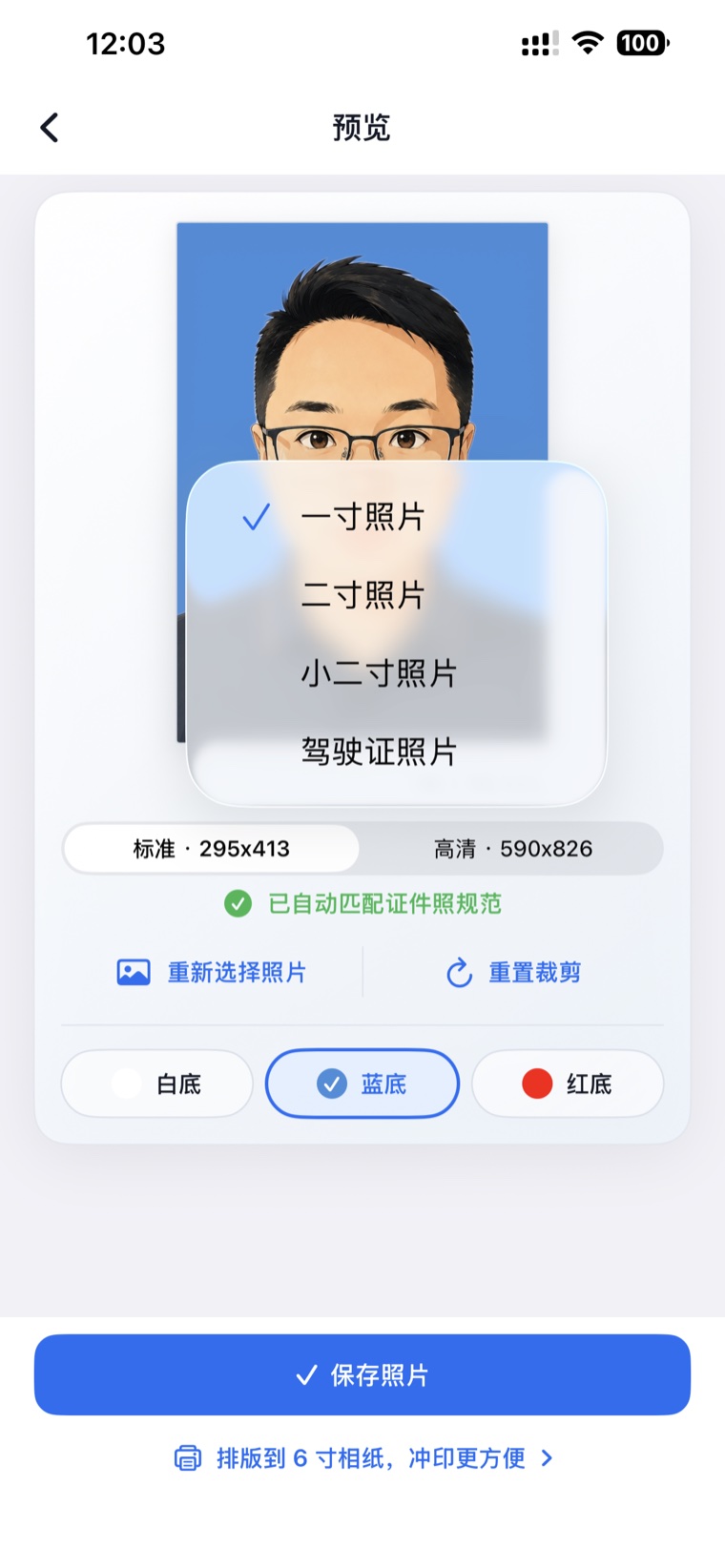 IDCut 尺寸选择面板，列出一寸、二寸、小二寸和驾驶证照片